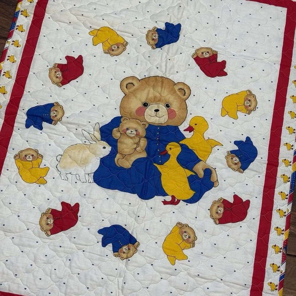 Vintage BABY Quilt Teddy Bears Ducks Striped Trim Blanklet Handmade Reversible